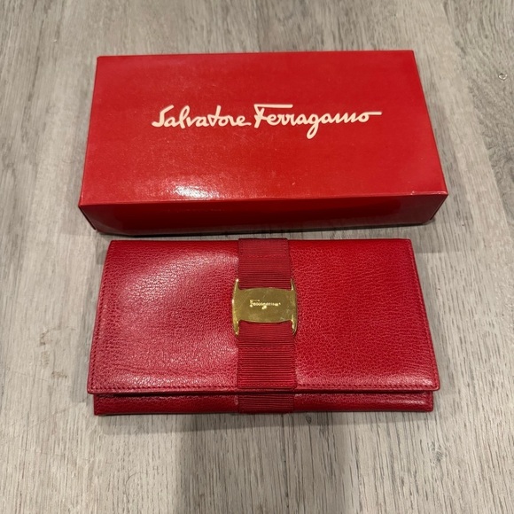 Salvatore Ferragamo Handbags - Salvatore Ferragamo Women's Vara Long Bifold Wallet, Red And Gold Authentic EUC